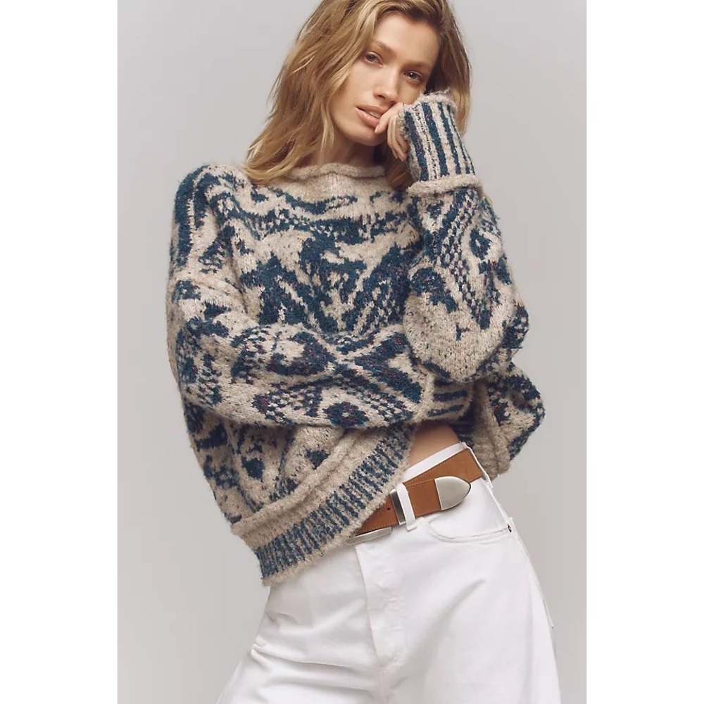 Pilcro Relaxed Intarsia Jacquard Sweater Women XS Anthropologie Boho Cabin Fall